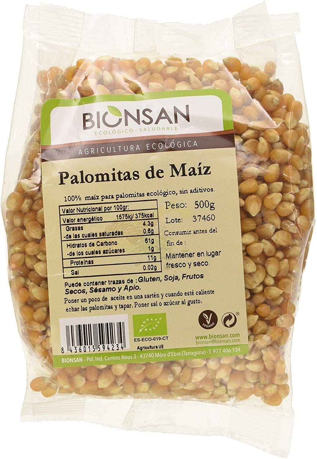 Bionsan Maiz Ecológico para Palomitas, Saludable y Orgánico, Ideal para Familiar, Cumpleaños en Casa, 500 gr